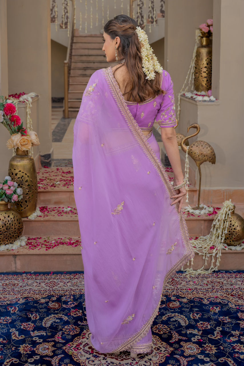 Lavender Chiffon Saree with Zardozi Sequins Kardana Pearl Work