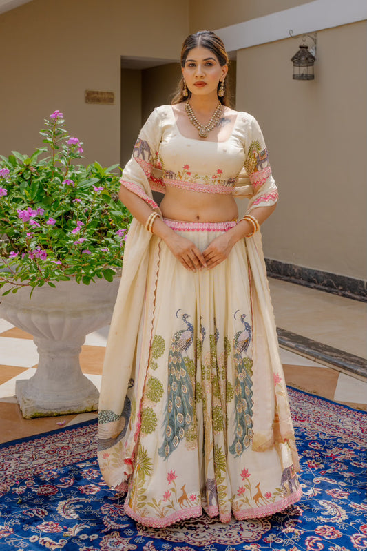 Beige Tissue Digital Print Lehenga with Sequins Kardana Marodi Work