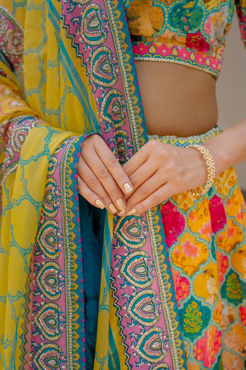 Multi Crepe Lehenga with Zardozi Sequins Kardana Work