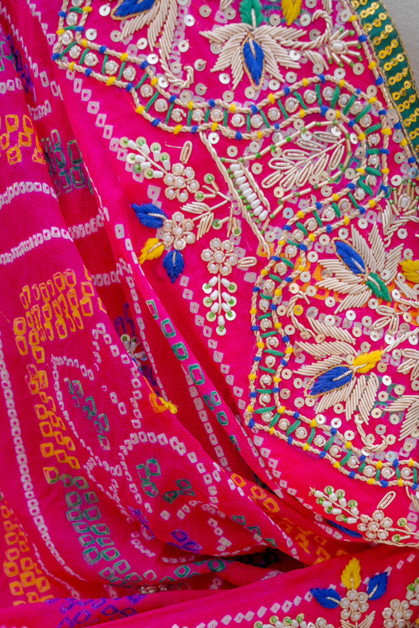 Rani Pure Ojariya Bandhej Chunari with Zardozi Sequins Kardana Thread Lotus Motif Work