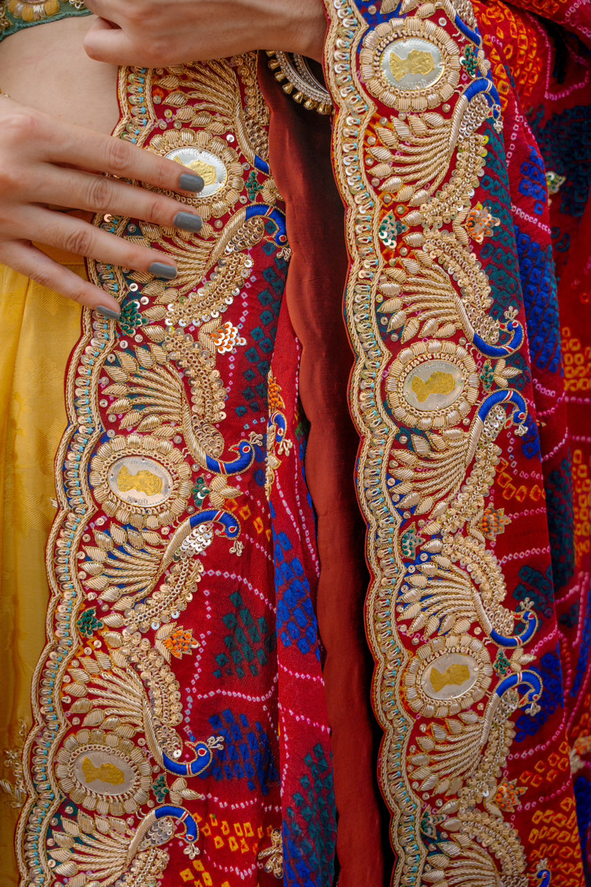 Maroon Pure Ojariya Bandhej Chunari with Zardozi Sequins Peacock Silk Coin Work