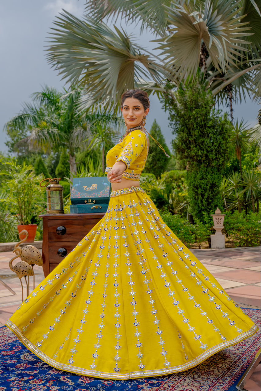 Neon Green Raw Silk Lehenga with Zardozi Mirron Thread Work