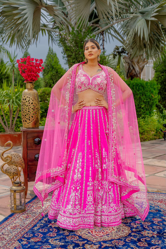 Bright Pink Raw Silk Lehenga with Thread Mirror Swaroski Crystal Work