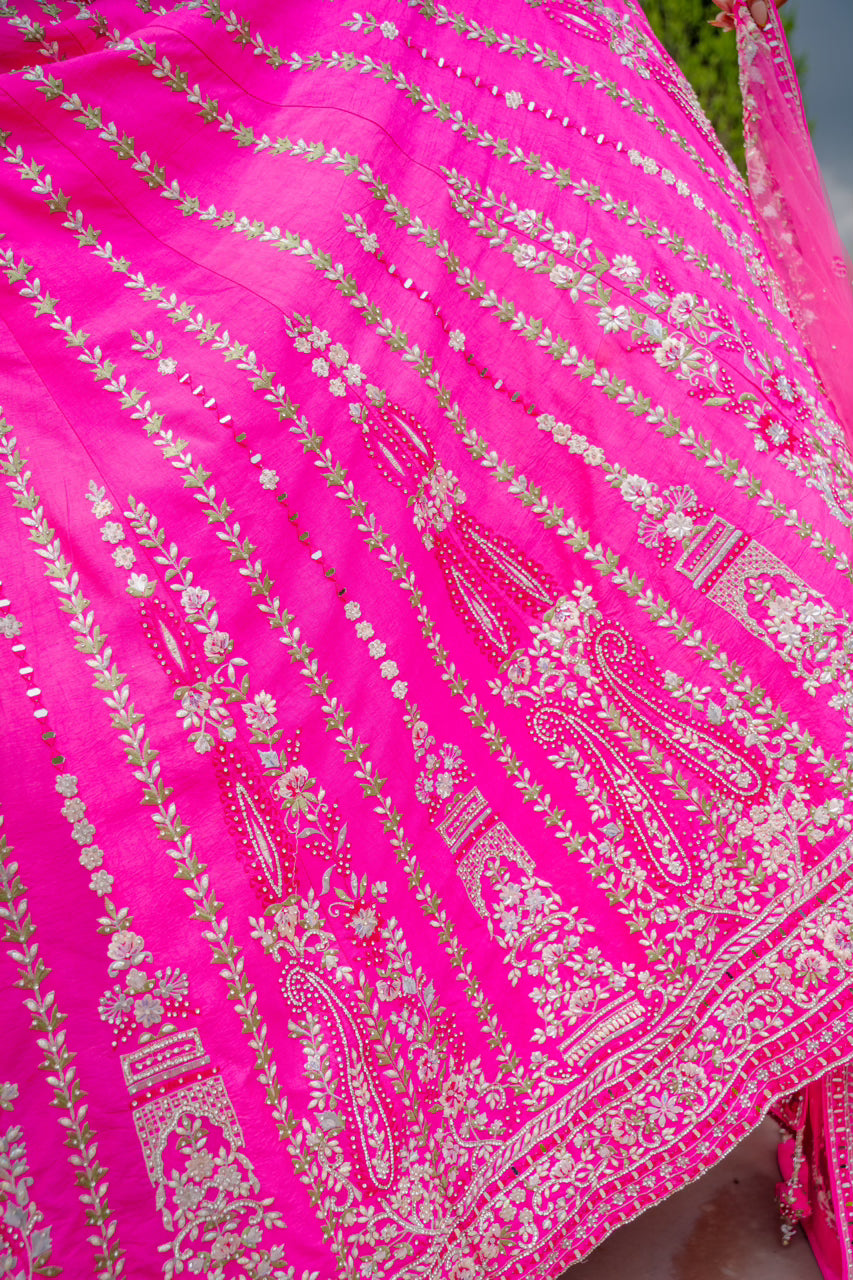 Bright Pink Raw Silk Lehenga with Thread Mirror Swaroski Crystal Work