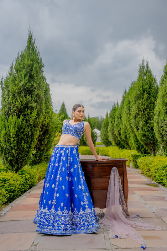 Blue Raw Silk Lehenga with Thread Mirror Pearl Swaroski Crystal Work