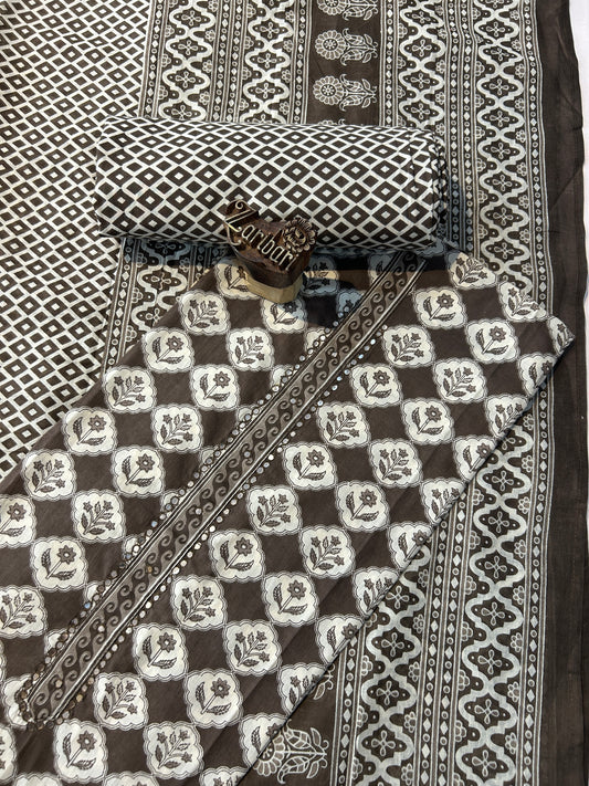 Brown Printed Cotton Unstitched Suit