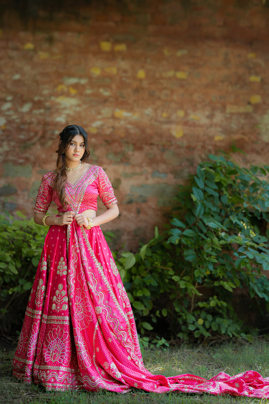 Pink Red Gajji Silk Digital Bandhej Lehenga with Marodi and Gota Patti Work