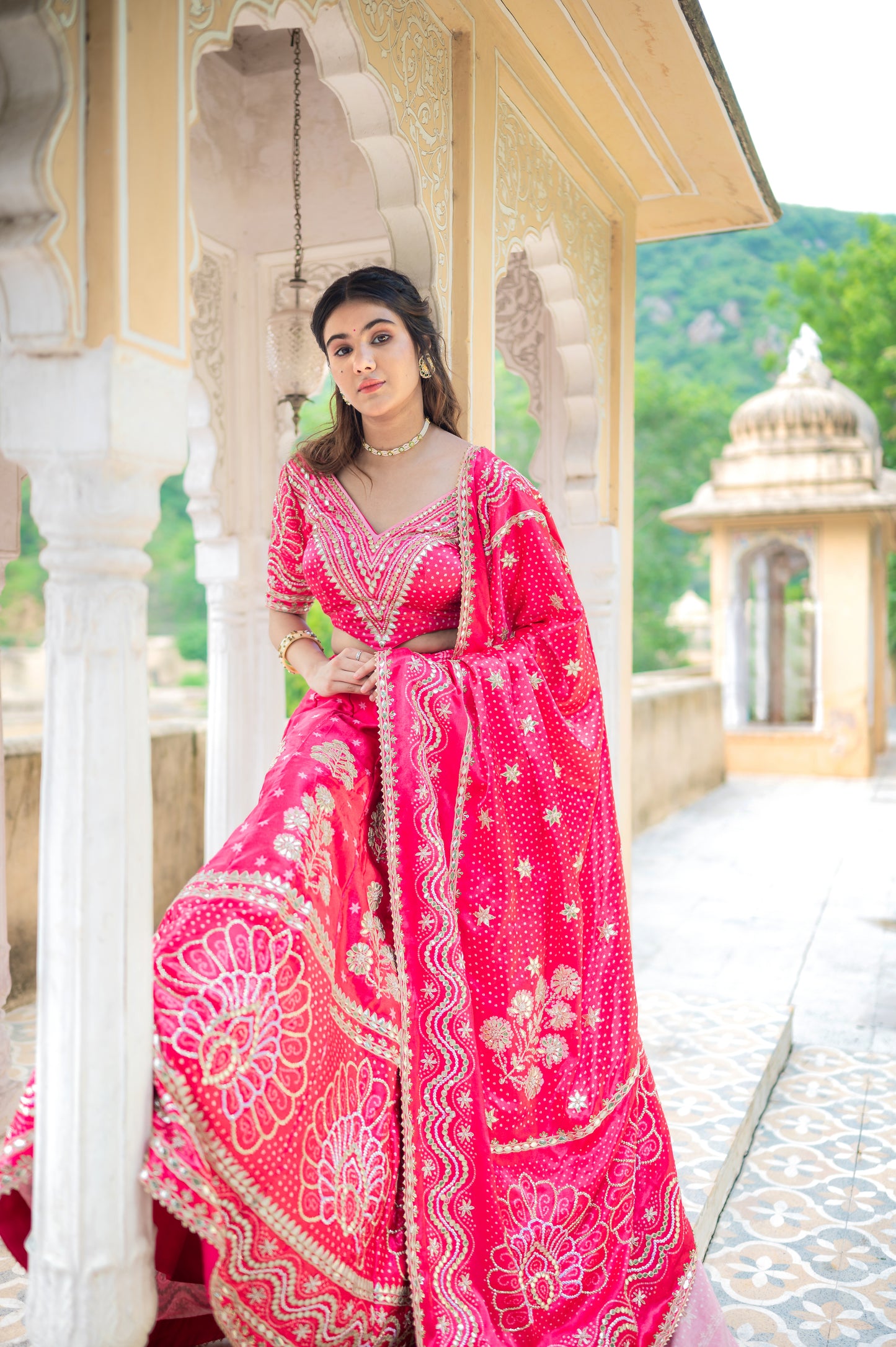 Pink Red Gajji Silk Digital Bandhej Lehenga with Marodi and Gota Patti Work