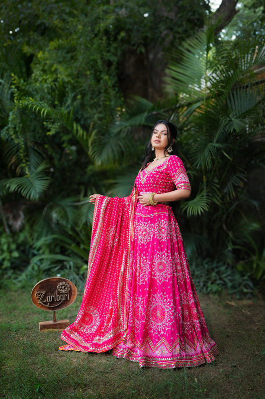 Dark Hot Pink Crepe Digital Bandhej Lehenga with Zardozi and Sequins Work