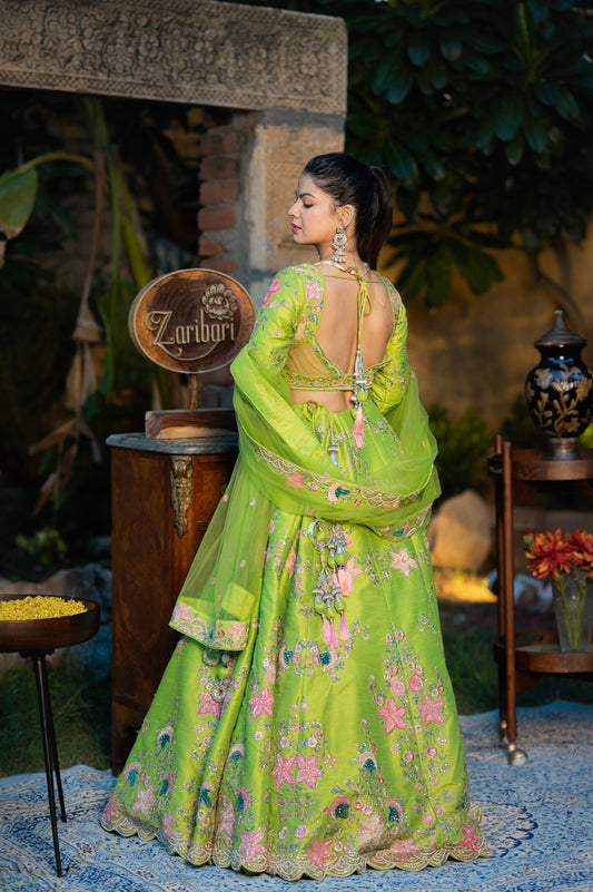 Avocado Green Raw Silk Lehenga with Aari Sequins Moti Work