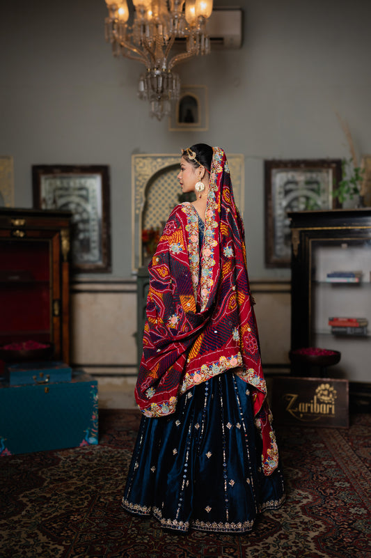 Red Pure Ojariya Bandhej Chunari with Marodi Sequins Flower Motifs and Moti Work