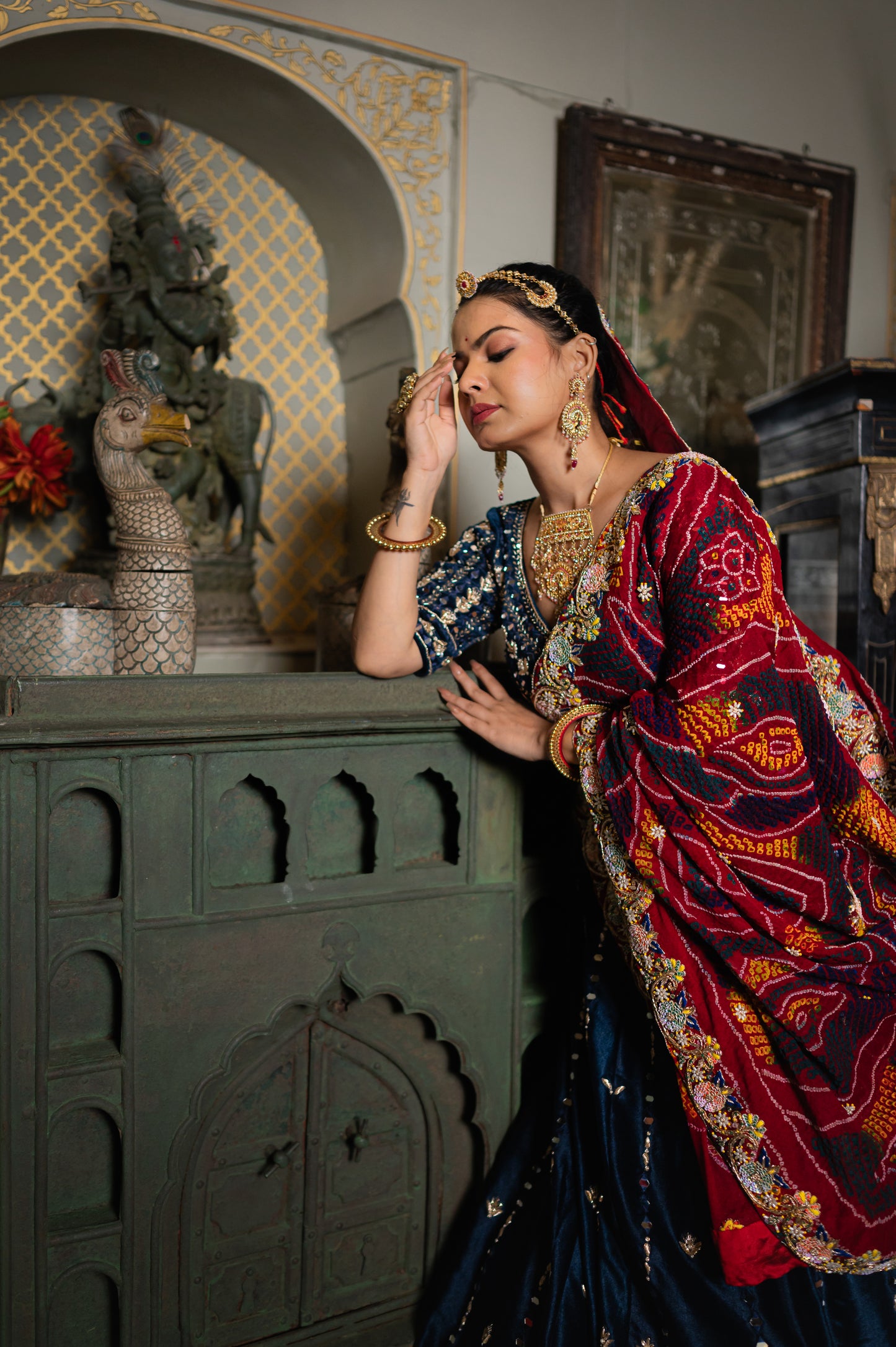 Red Pure Ojariya Bandhej Chunari with Marodi Sequins Flower Motifs and Moti Work