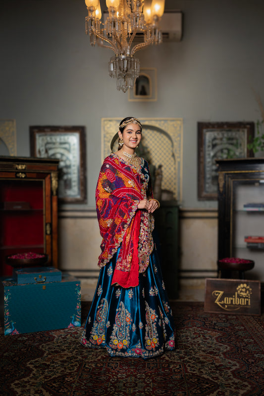 Red Pure Ojariya Bandhej Chunari with Marodi Zardozi Sequins Gota Patti Work