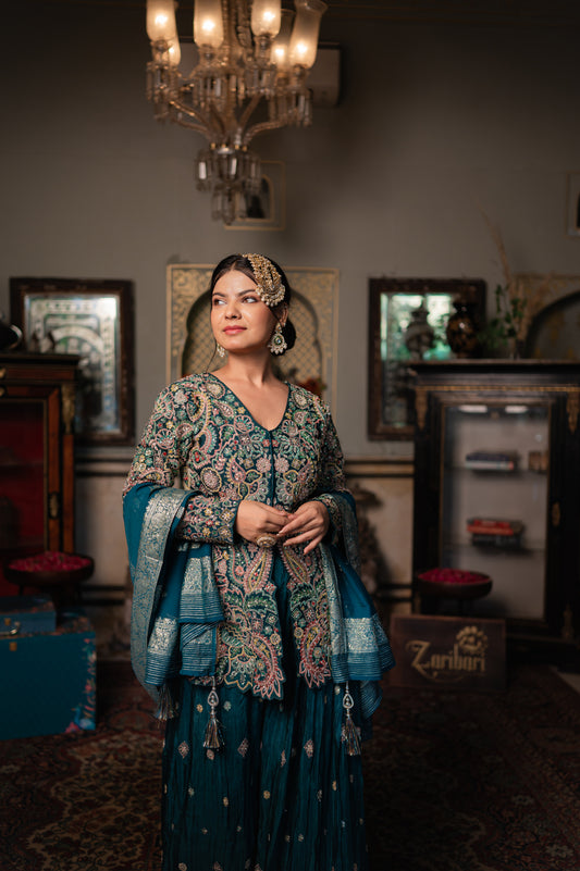Prussian Blue Sharara Set with Thread Sequins and Moti Work