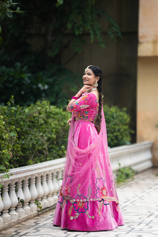 Purplish Pink Pure Velvet Lehenga with Zardozi Thread Flower Motifs Work