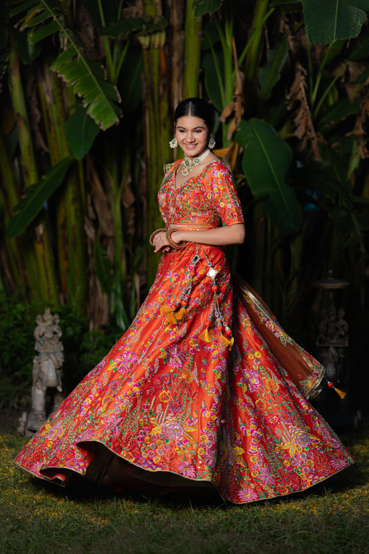 Orangy Red Raw Silk Lehenga with Thread Sequins and Moti Work