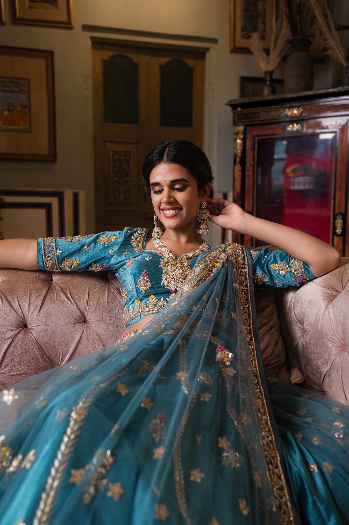 Sea Blue Velvet Lehenga with Zardozi and Moti Work