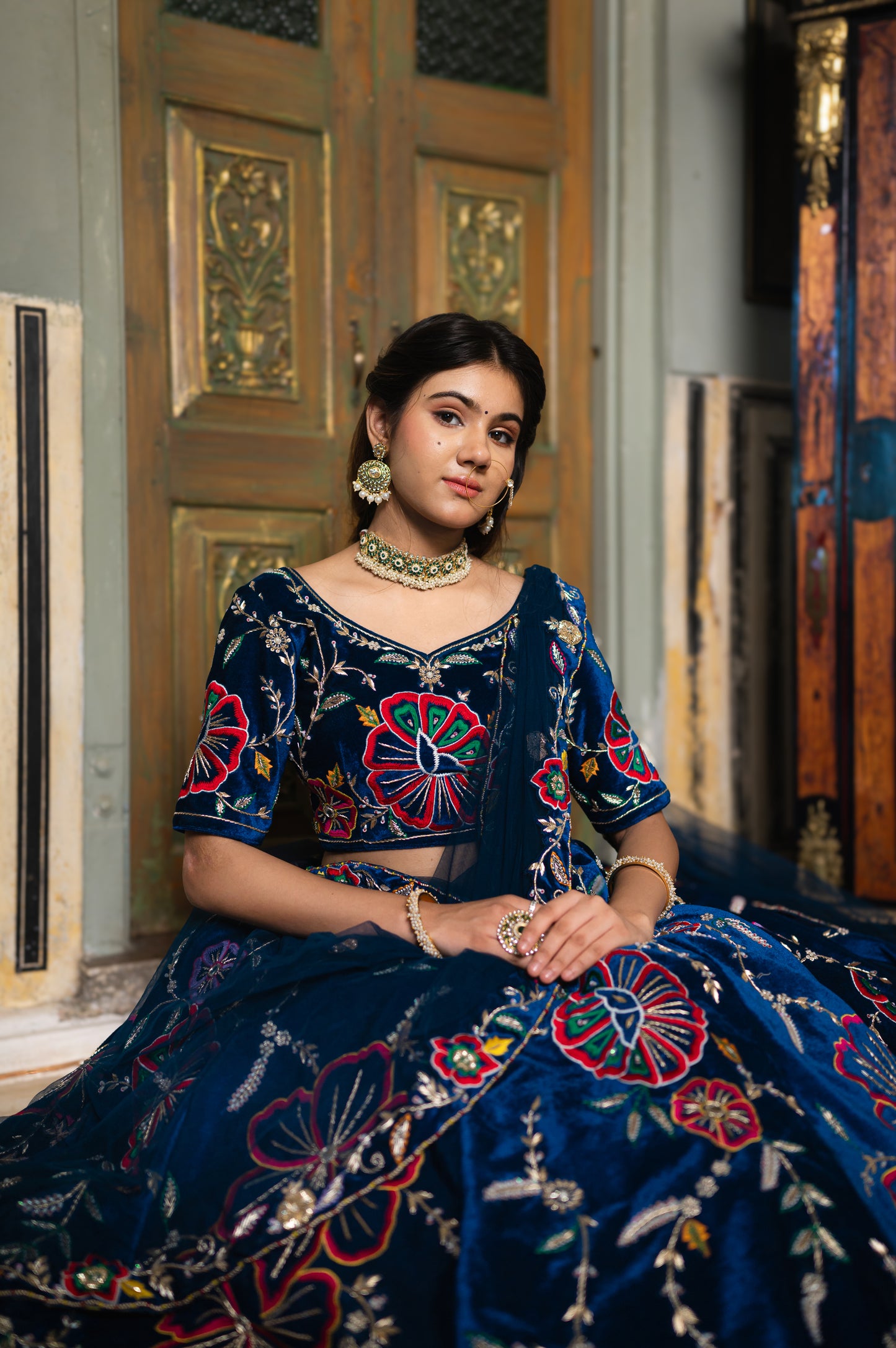 Navy Blue Velvet Lehenga with Zardozi Thread and Moti Work