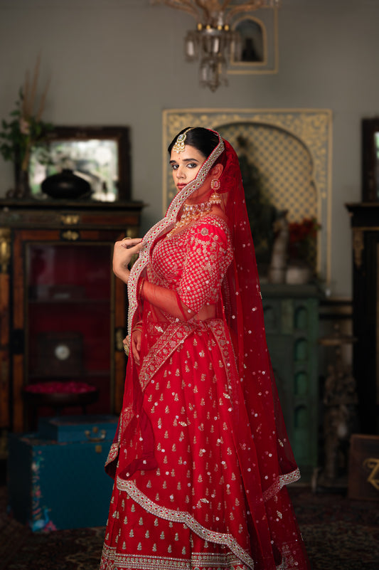 Cheery Red Raw Silk Bridal Lehenga with Aari Sequins Moti Work