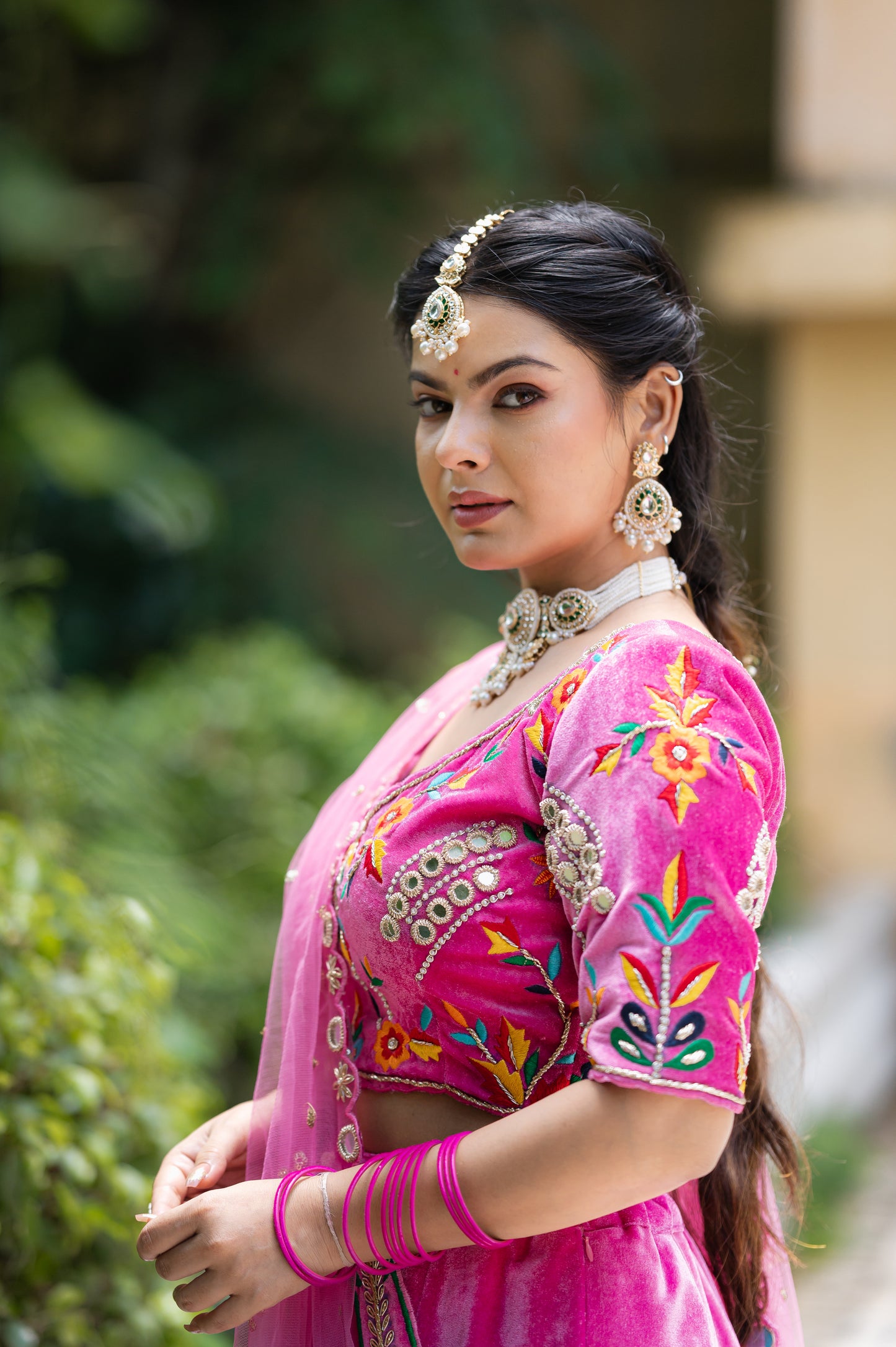 Purplish Pink Pure Velvet Lehenga with Zardozi Thread Flower Motifs Work