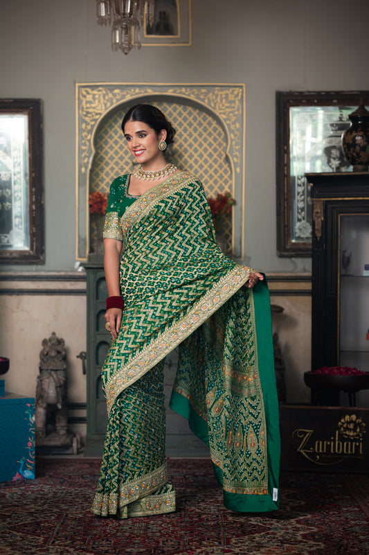 Green Pure Khaddi Georgette Meenakari Saree with Thread Kardana Sequins Work