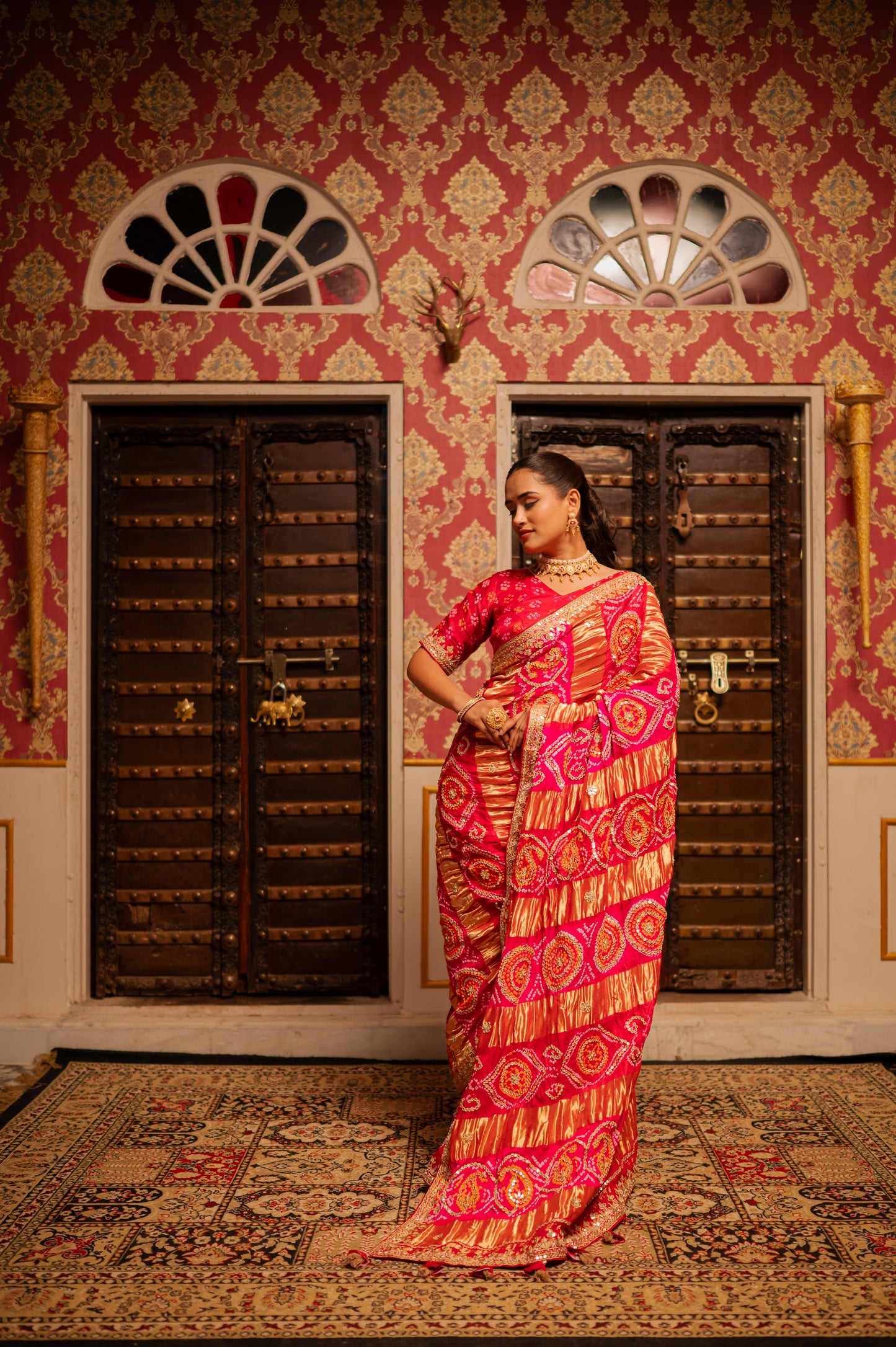 Red Pink Shaded Pure Gajji Silk Bandhani Saree with Gota Patti Work