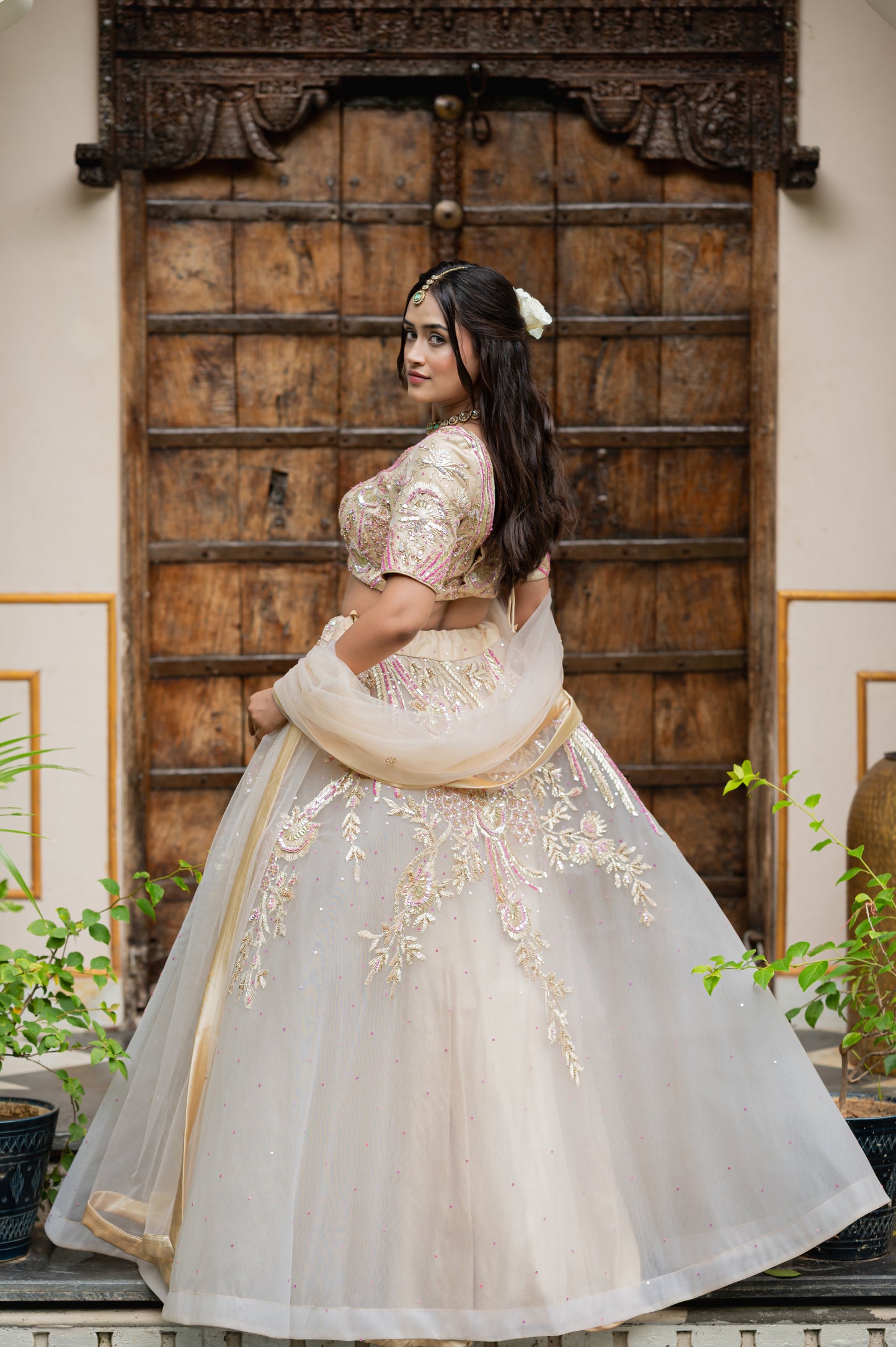 Light Grayish Orange Net Lehenga with Sequins Work