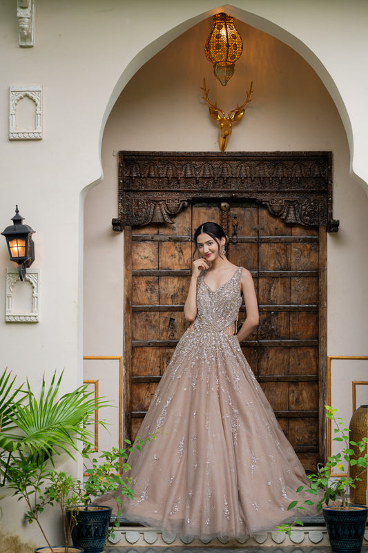 Dark Grayish Orange Soft Net Indo Western Gown with Kardana Sequins Work