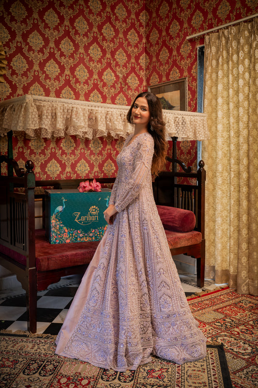 Pink Flare Net Indo Western with Sequins and Beads Work