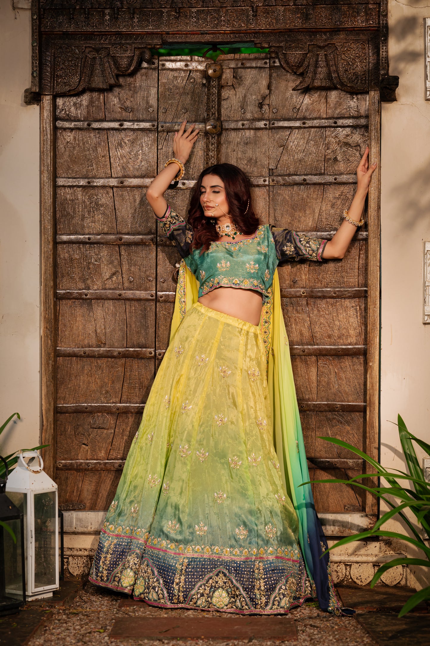 Yellow Parrot Green Shaded Crepe Lehenga with Zardozi Sequins Kardana Work