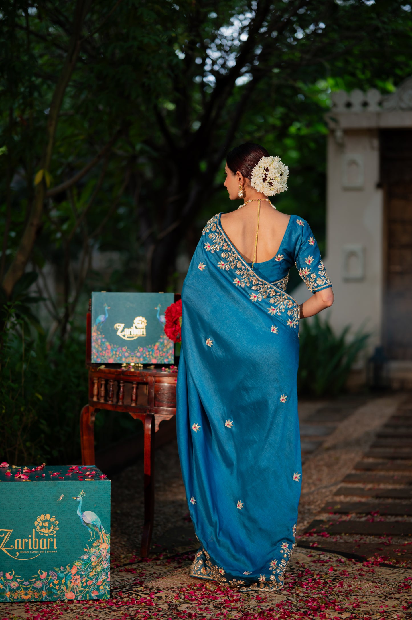 Venice Blue Pure Silk Saree with Marodi Zardozi and Gota Patti Work