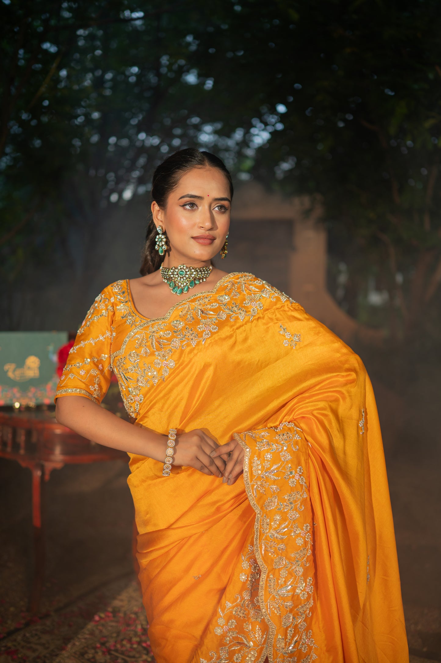 Pumpkin Orange Pure Silk Saree with Aari Zardozi and Pearl Work