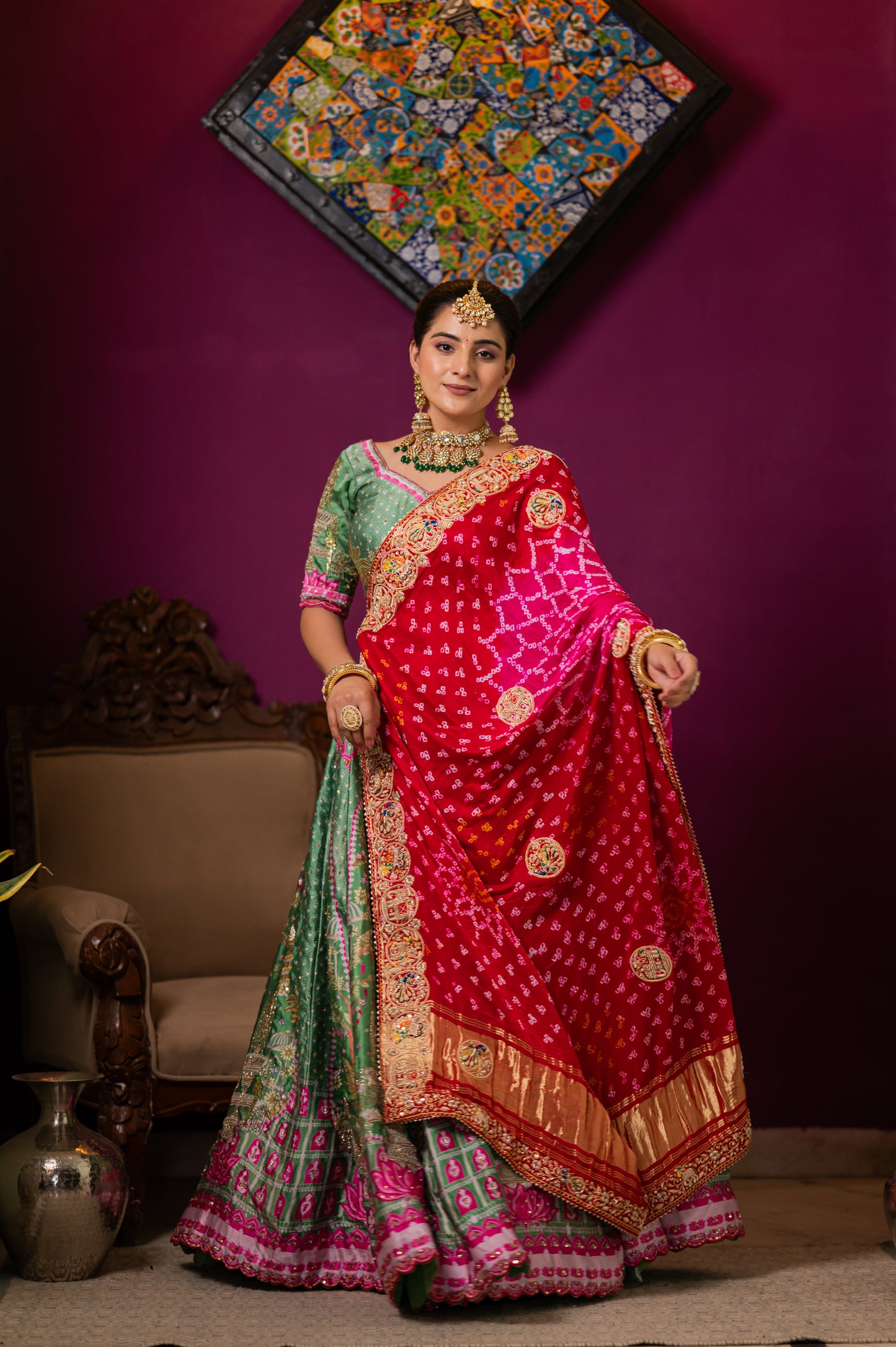 Pink Red Gajji Silk Bandhej Chunari with Aari Zardozi Radha Krishna Peacock Elephant Dear Motifs Sequins Work