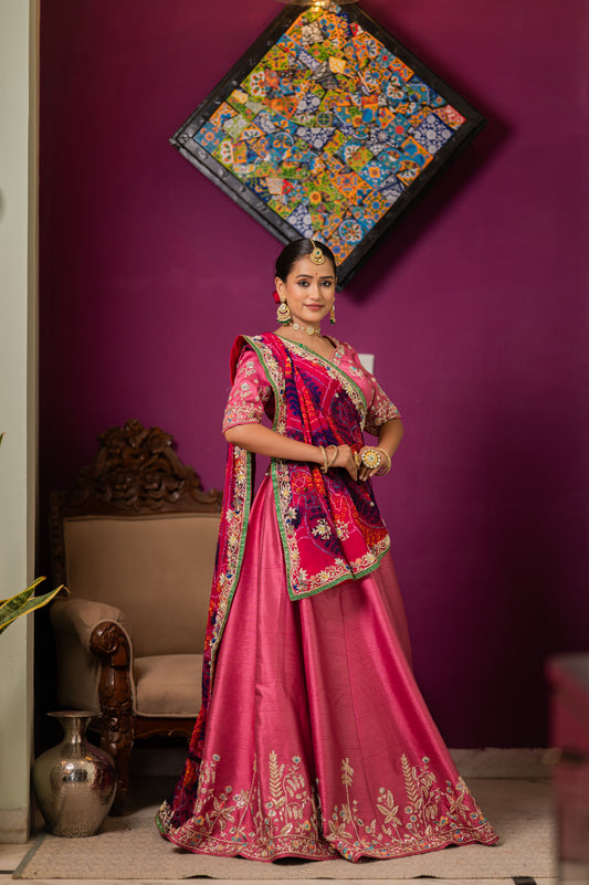Pink Pure Ojariya Bandhej Chunari with Zardozi Small Peacock Motifs Thread Sequins Work