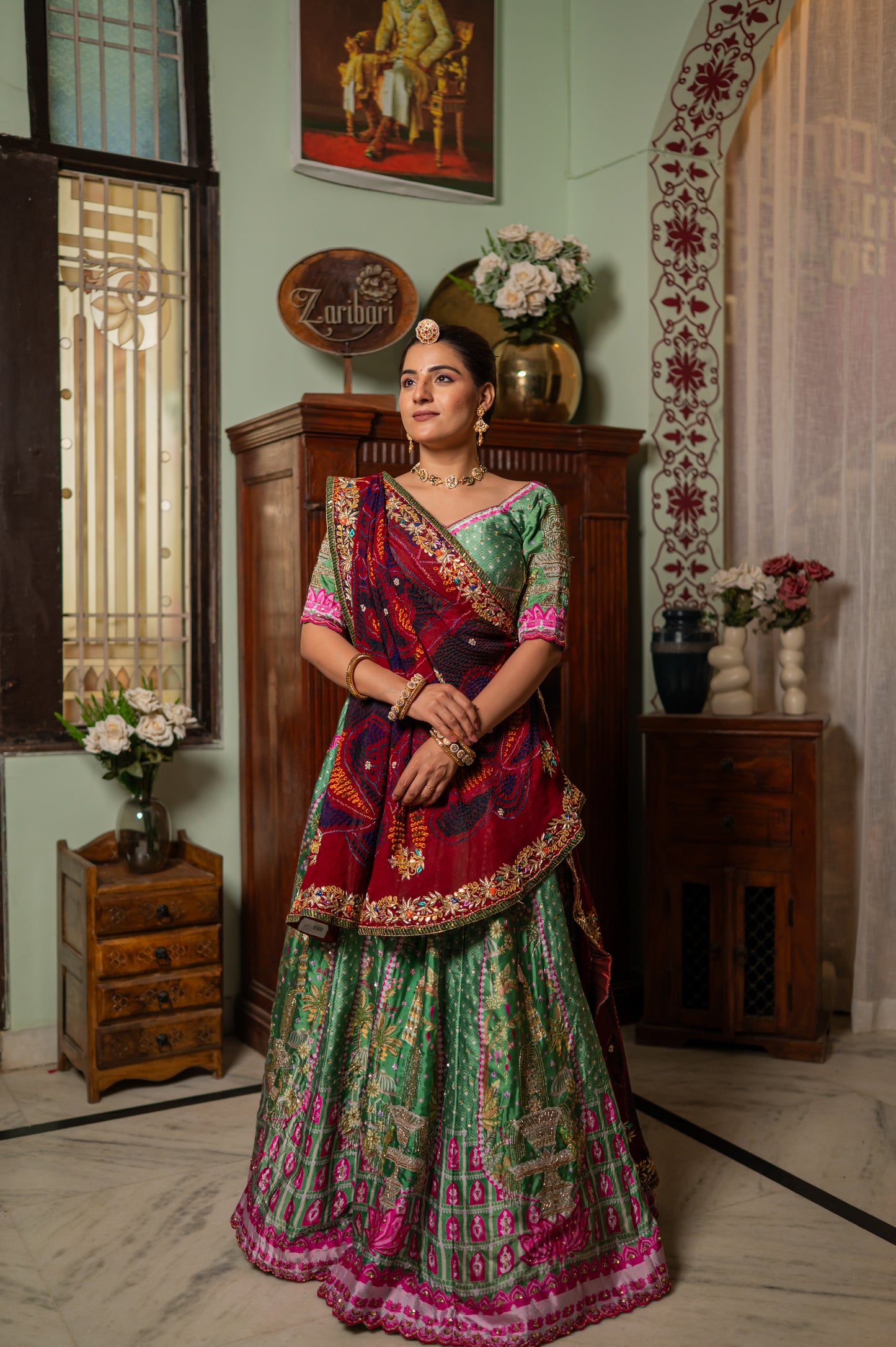 Red Pure Ojariya Bandhej Chunari with Zardozi Gota Patti Sequins Work