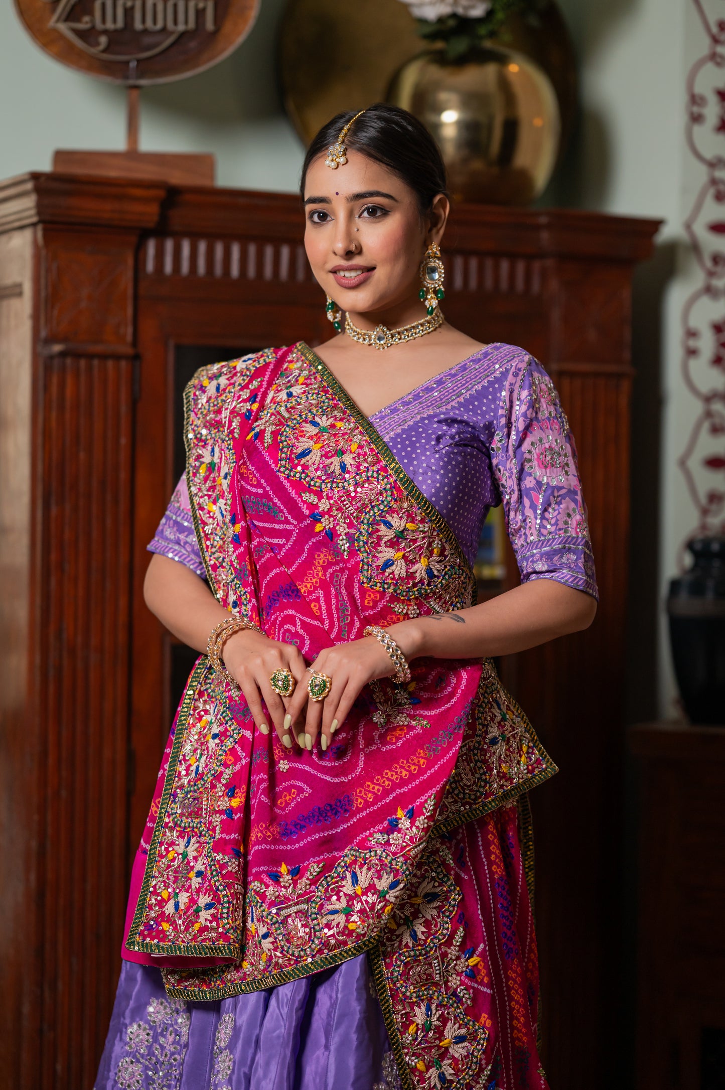 Pink Pure Ojariya Bandhej Chunari with Zardozi Thread Sequins Pearl Work