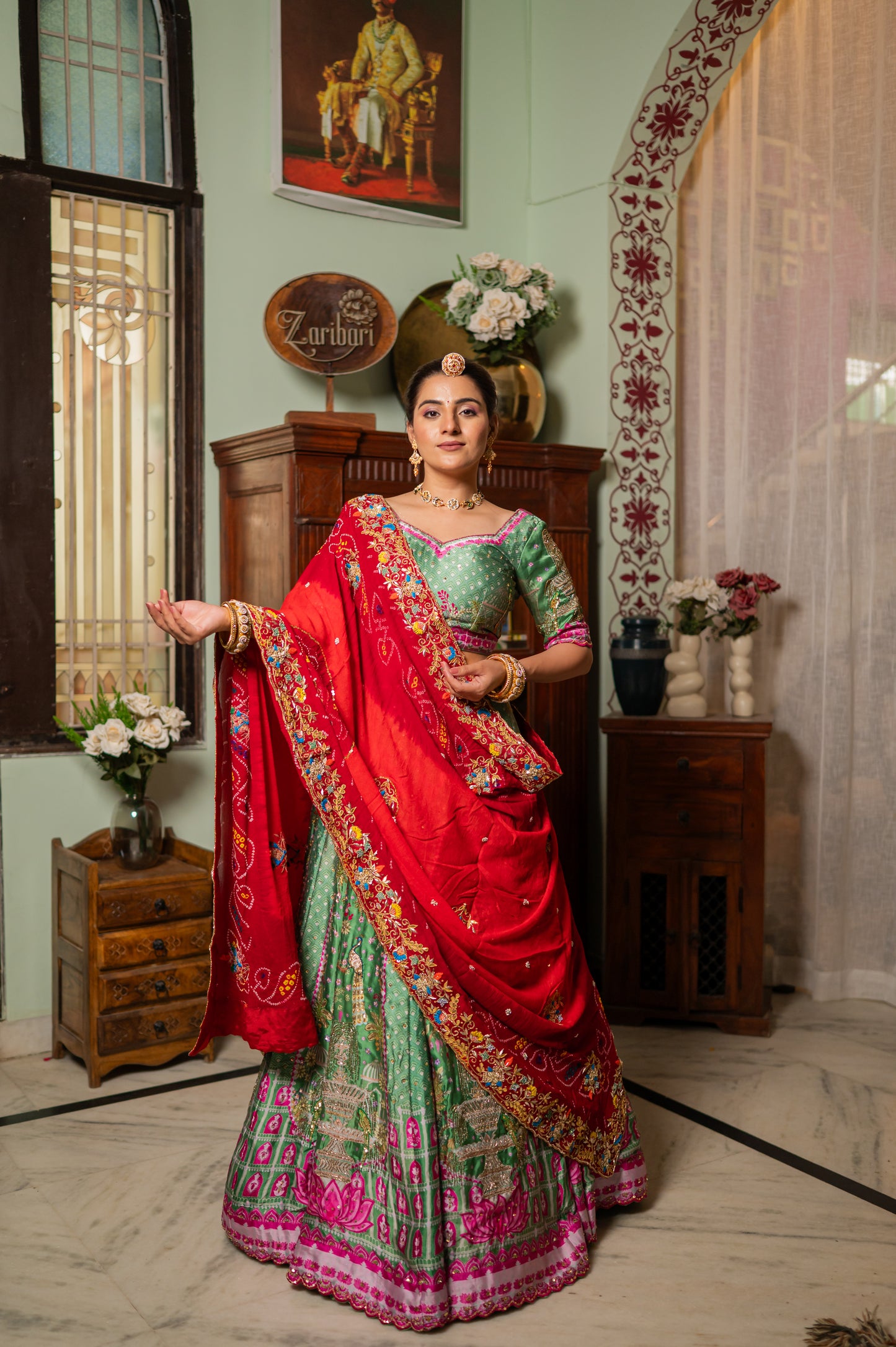 Red Pure Ojariya Bandhej Chunari with Zardozi Gota Patti Thread Sequins Work