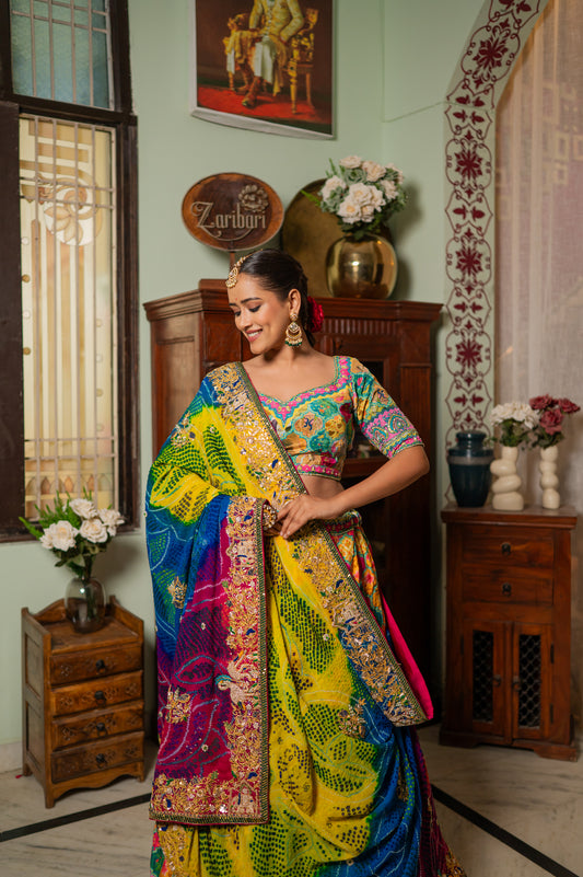 Pink Yellow Sky Blue Multi Pure Ojariya Bandhej Chunari with Zardozi Double Swan Gota Patti Work