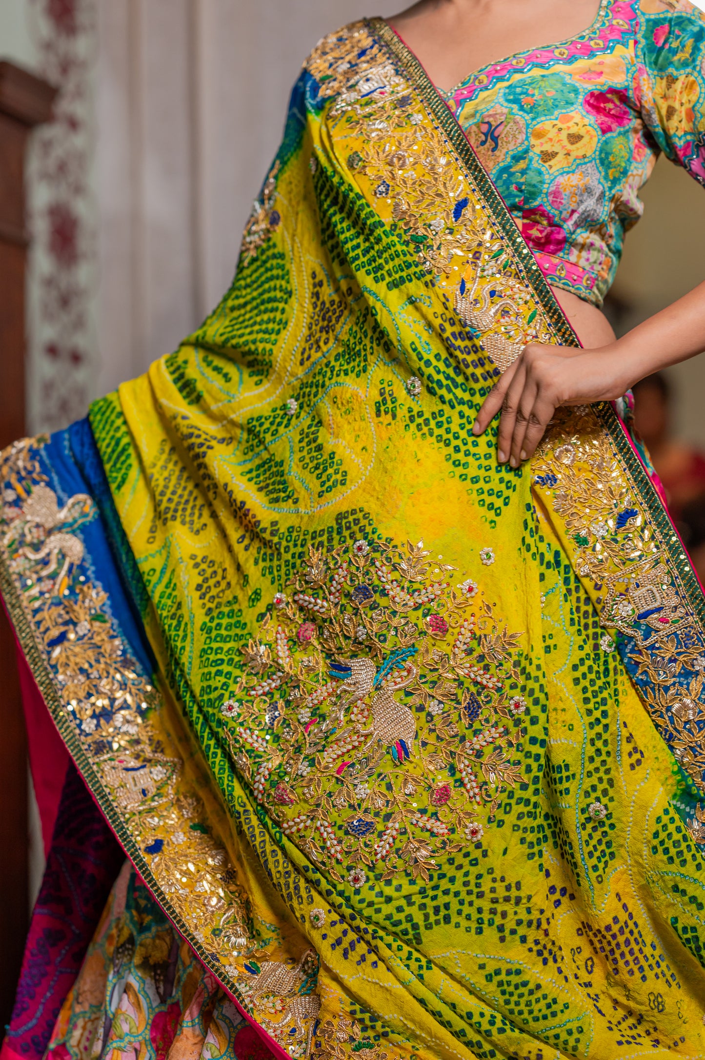 Pink Yellow Sky Blue Multi Pure Ojariya Bandhej Chunari with Zardozi Double Swan Gota Patti Work