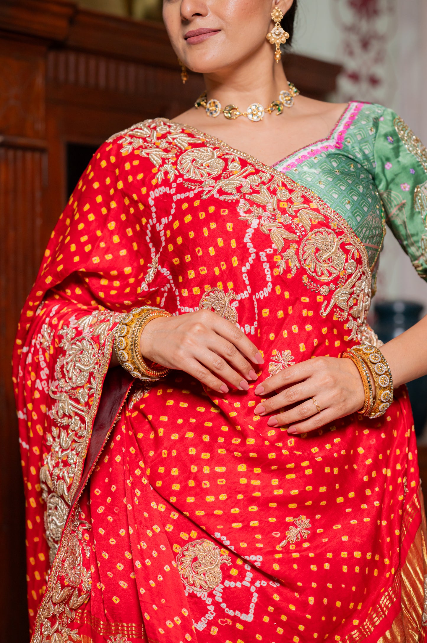 Red Gajji Silk Bandhej Chunari with Marodi Birds Motifs Zardozi Sequins Work