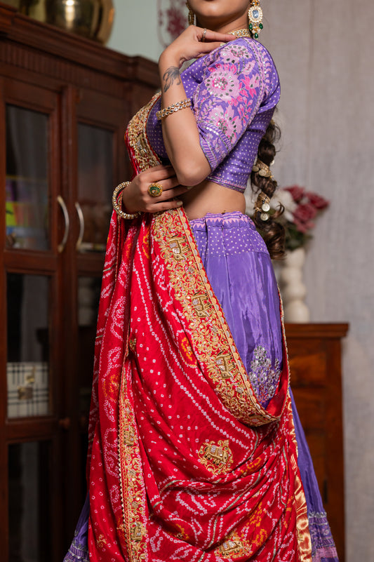 Red Gajji Silk Bandhej Chunari with Zardozi Thread Elephant Motifs Sequins Work