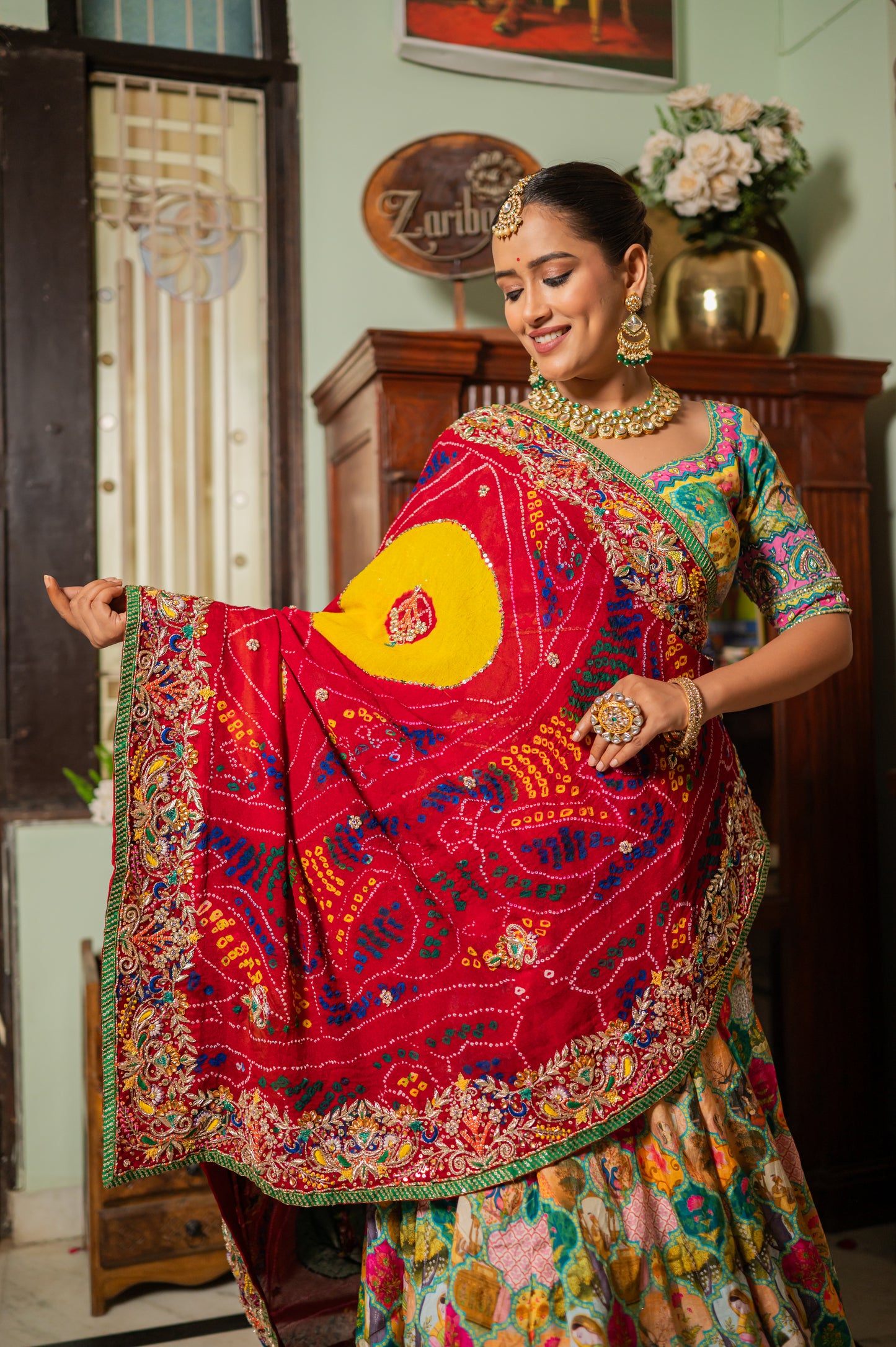 Red Pure Ojariya Bandhej Chunari with Zardozi Marodi Thread Beads Work