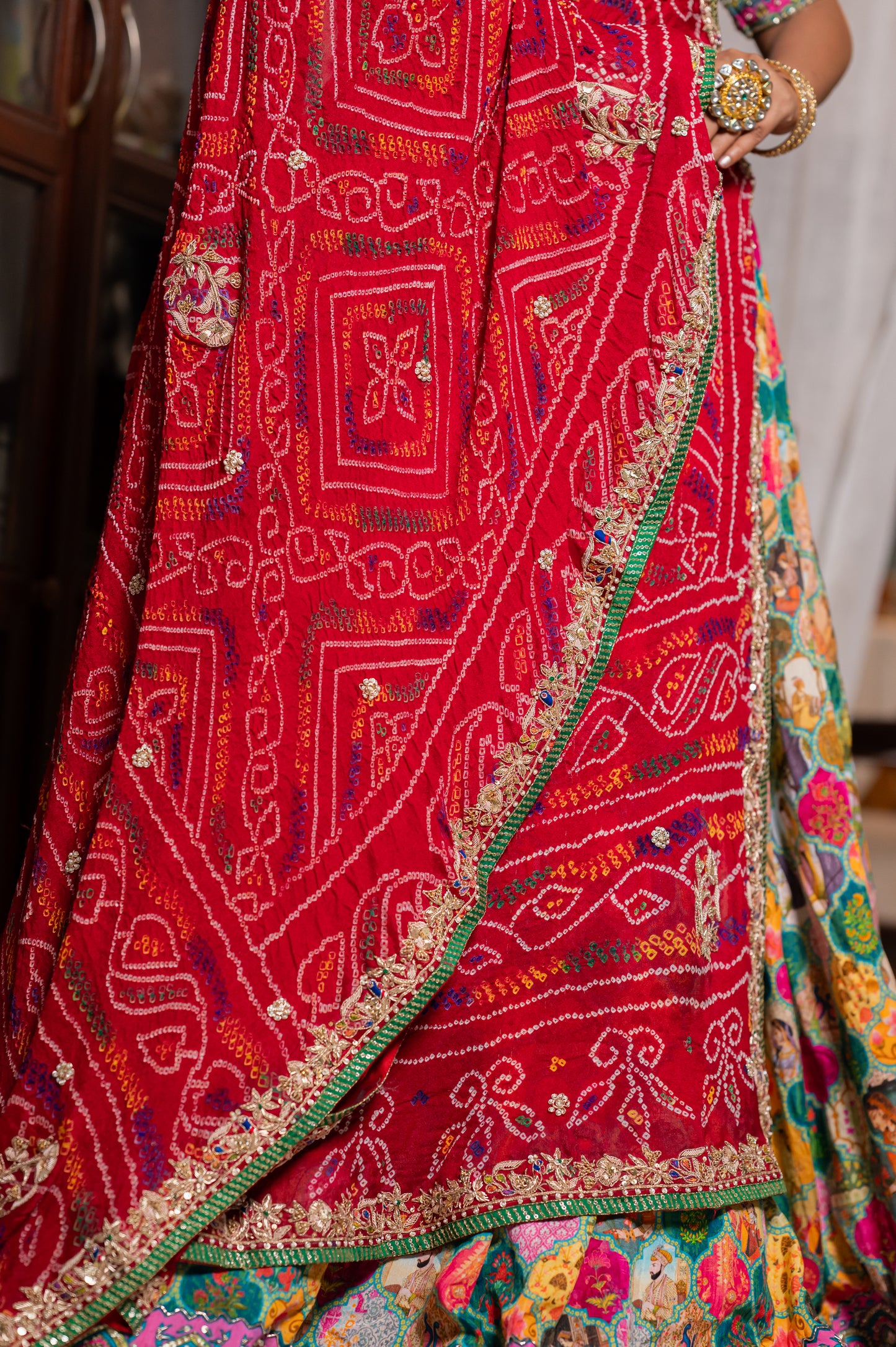 Red Pure Ojariya Bandhej Chunari with Marodi Zardozi Peacock Motifs Sequins Work