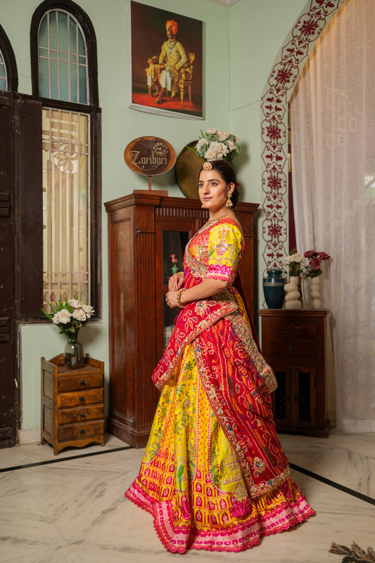 Red Pure Ojariya Bandhej Chunari with Zardozi Thread Elephant Peacock Motifs Sequins Work