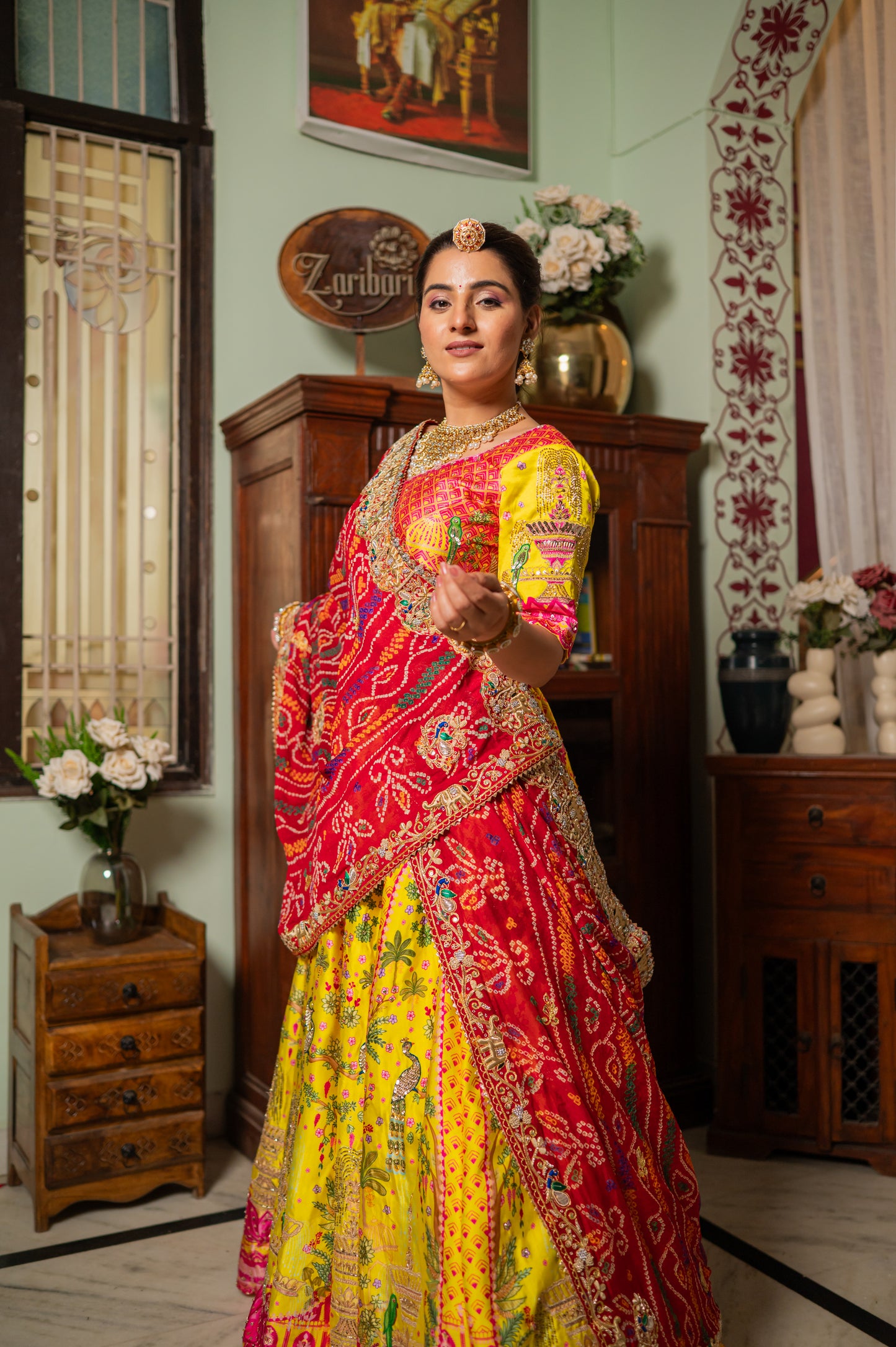 Red Pure Ojariya Bandhej Chunari with Zardozi Thread Elephant Peacock Motifs Sequins Work