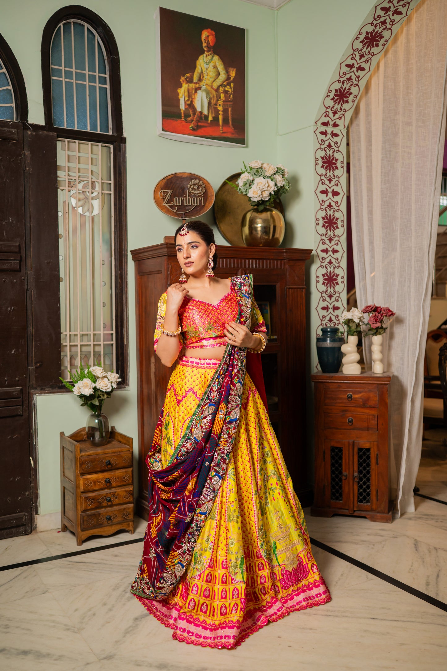 Red Pure Ojariya Bandhej Chunari with Zardozi Bird Motifs Thread Sequins Work