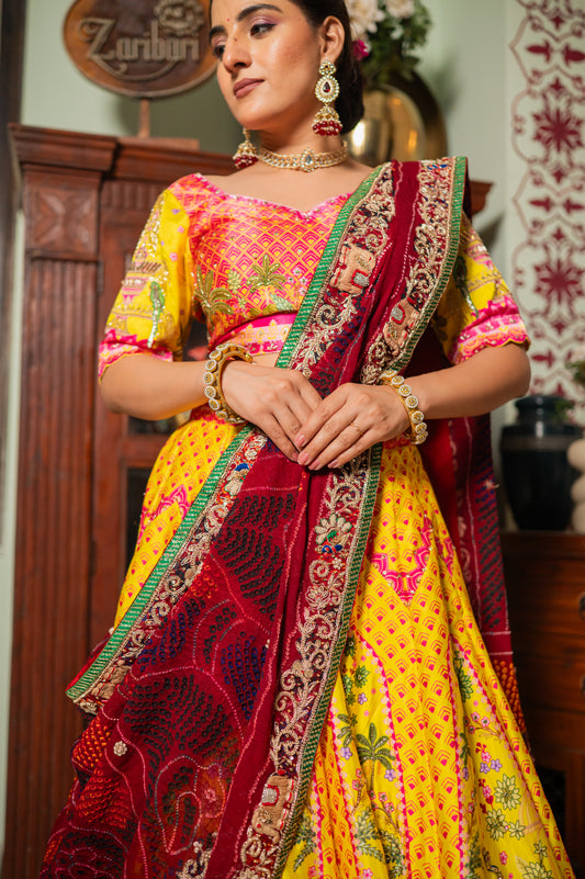 Red Pure Ojariya Bandhej Chunari with Marodi Zardozi Small Peacock Elephant Motifs Sequins Work