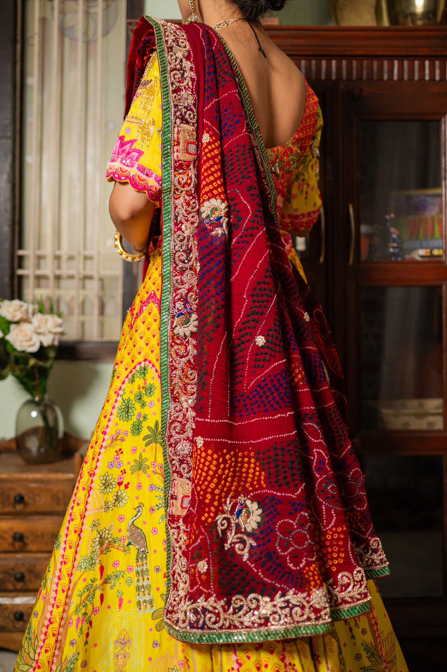 Red Pure Ojariya Bandhej Chunari with Marodi Zardozi Small Peacock Elephant Motifs Sequins Work