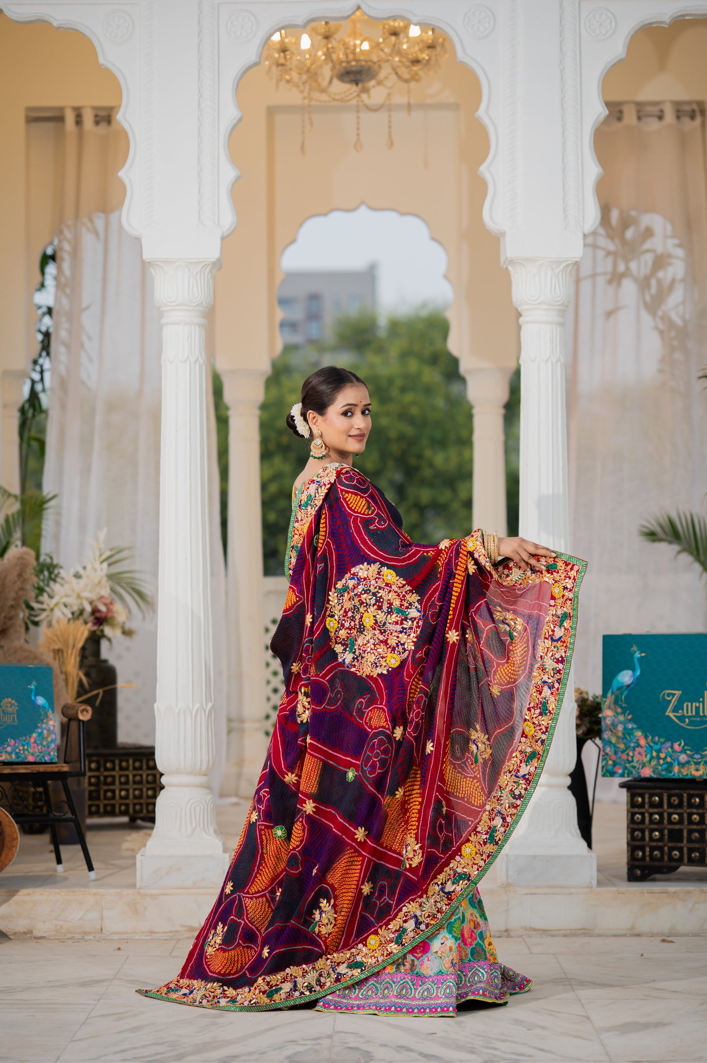 Maroon Pure Ojariya Bandhej Chunari with Marodi Gota Patti Thread Peacock Motifs Sequins Work