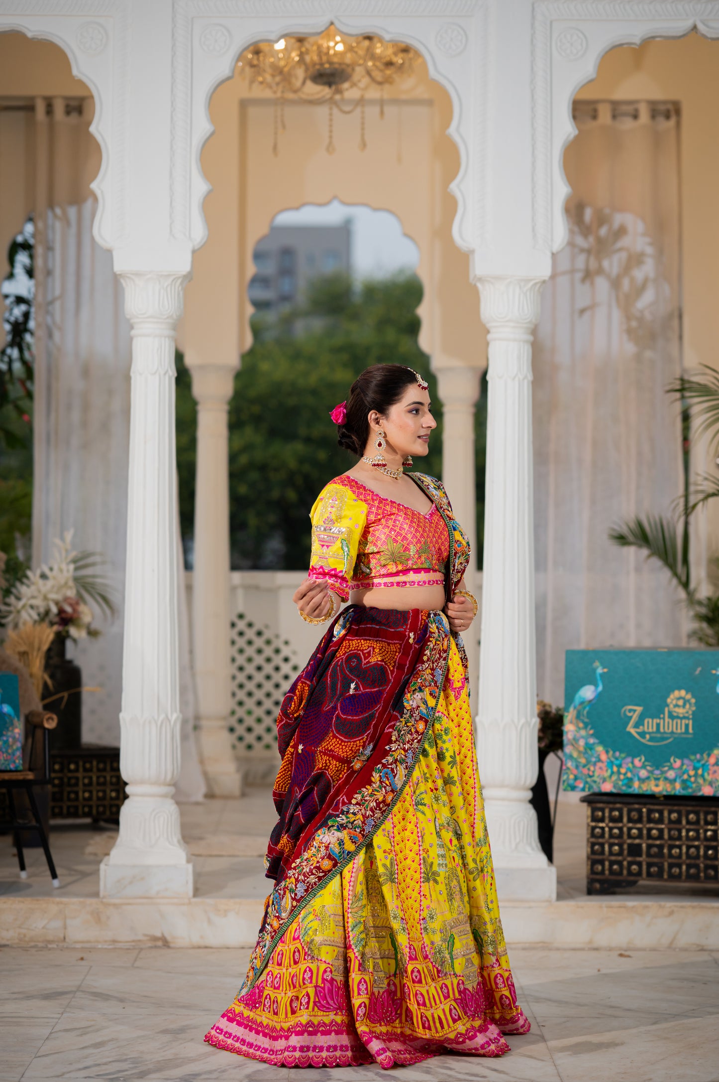 Maroon Pure Ojariya Bandhej Chunari with Marodi Zardozi Thread Radha Krishna Motifs Sequins Work